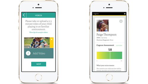 Le schermate dell'app i-phone Cognoa per la valutazione del rischio autismo e ritardo cognitivo nei bambini 