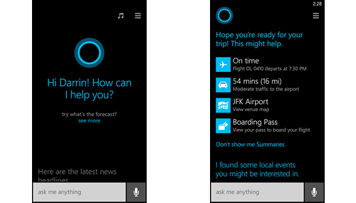 Due immagini di Cortana in azione