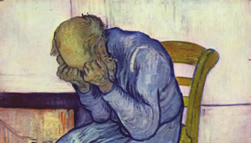 La depressione colpisce soprattutto le persone agiate: nell'immagine particolare del quadro "Sulla soglia dell'eternità" di Vincent Van Gogh (1890), l'artista olandese soffriva con ogni probabilità di sindrome bipolare