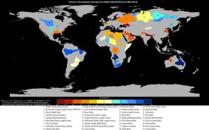 Nella mappa ricavata attraverso i dati della Missione NASA Grace che illustra le condizioni delle principali falde acquifere mondiali